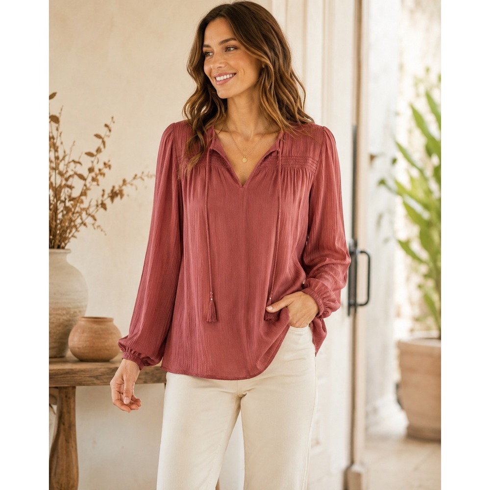 Soft Surroundings Lumi Blouse Cupro Rayon Crinkle Tassel Tie Top Small